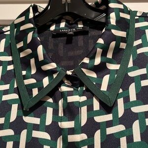 Lafayette 148 silky blouse. Navy, green and cream chain print. Grosgrain trim.